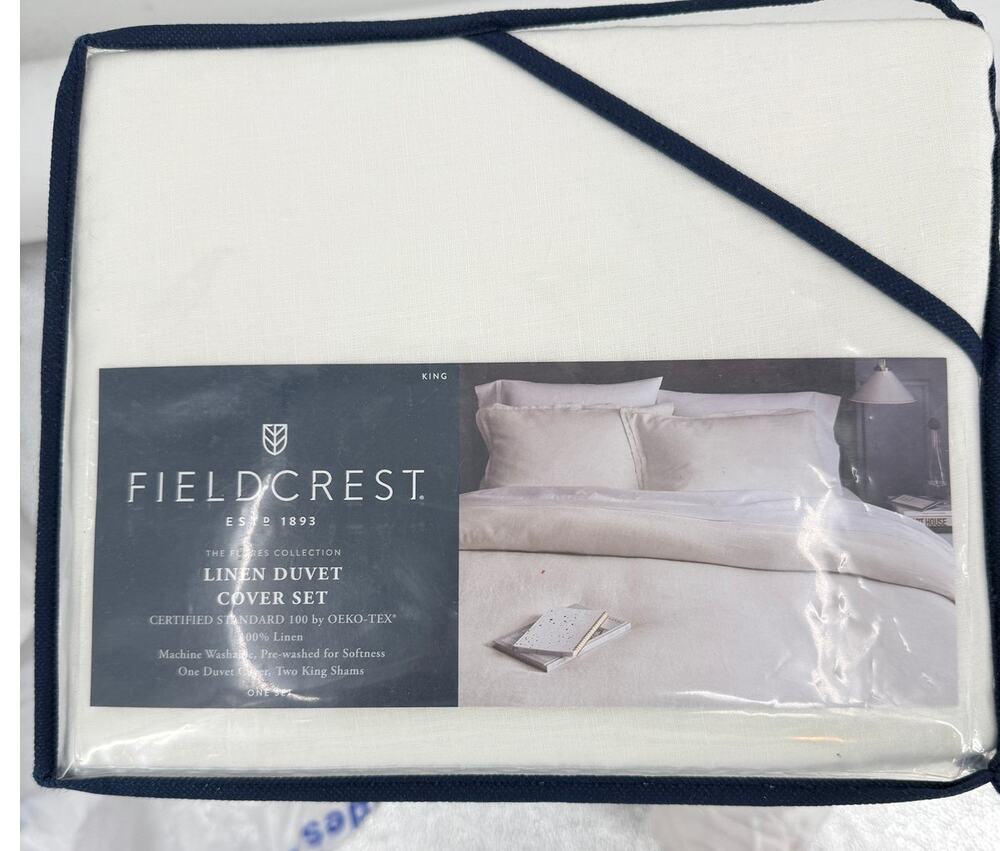 Fieldcrest 100% Linen King Duvet Cover & 2 King Shams Sour Cream White NEW